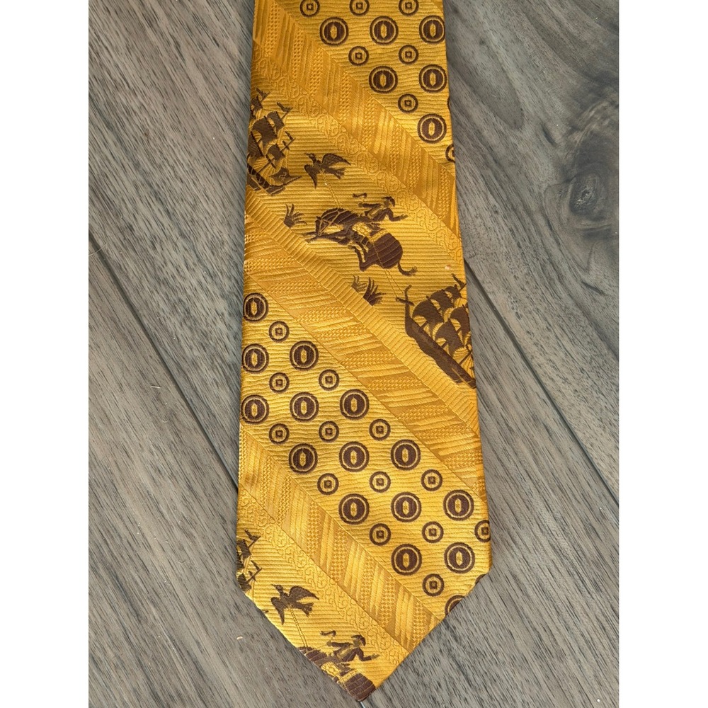 Vintage 70s Artcraft Novelty Tie Gold Brown Cowboy Western Sailing Ship Disco